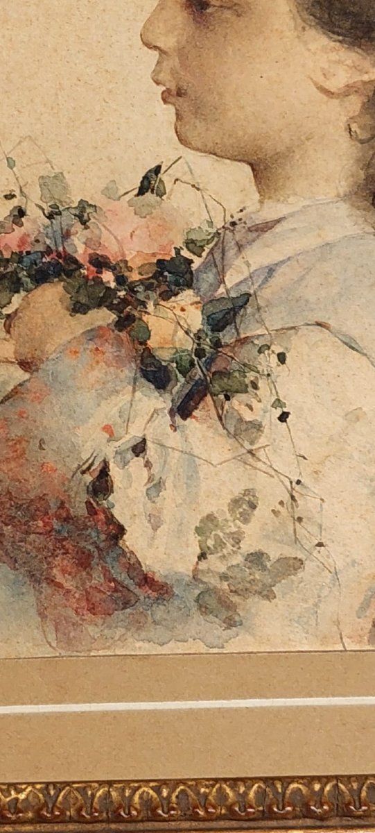 Watercolor On Paper, Portrait Of A Young Girl Signed Alessandro Rontini Florence (1854 1933), photo for sale