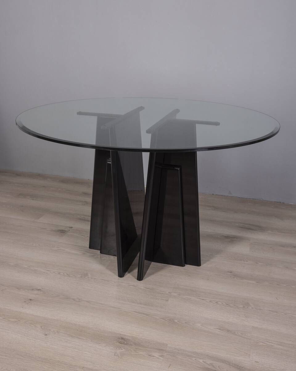 Vintage 1980s Round Table In Black Wood And Glass, photo Furniture