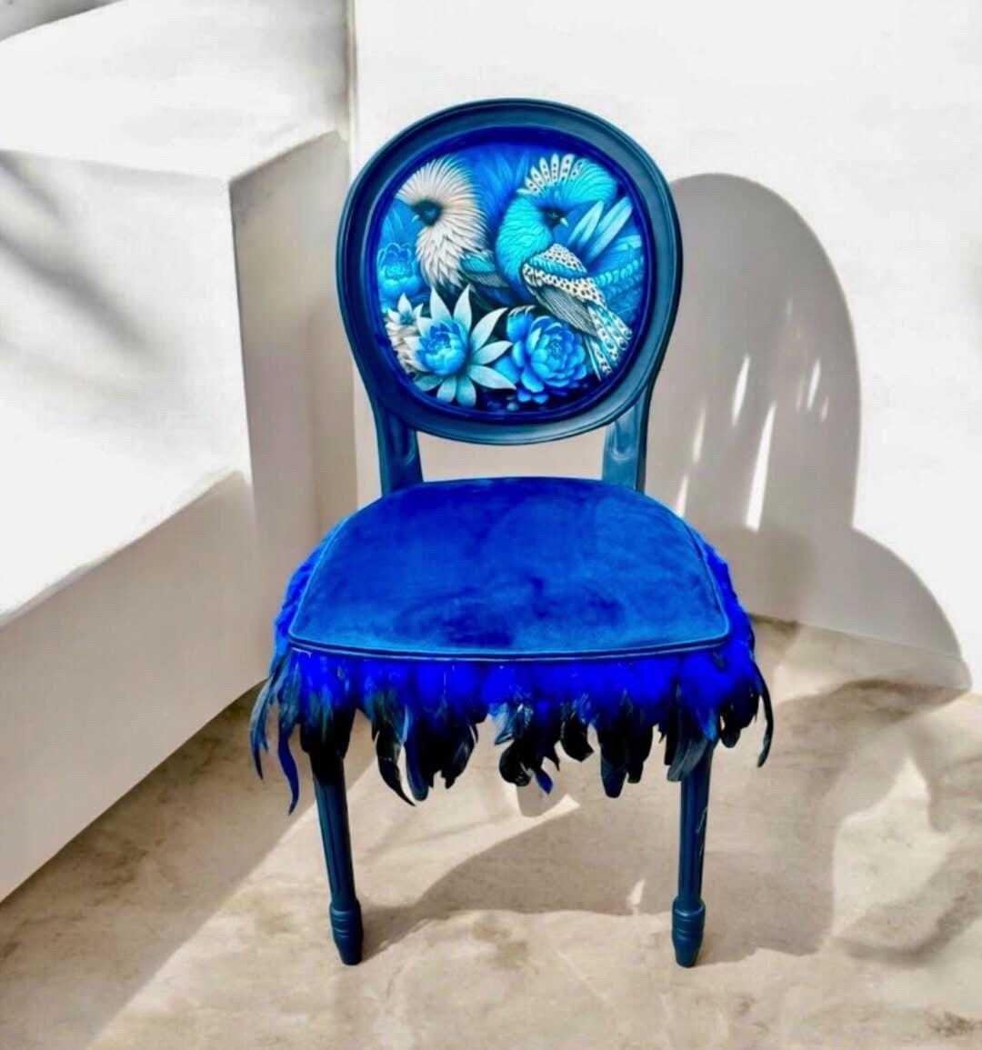 Bespoke Vintage Blue Bird Chair. One Of A Kind Velvet And Feather Detailing. Artist Designed Chair photo furniture