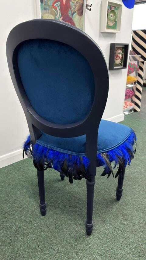 Bespoke Vintage Blue Bird Chair. One Of A Kind Velvet And Feather Detailing. Artist Designed Chair photo Furniture