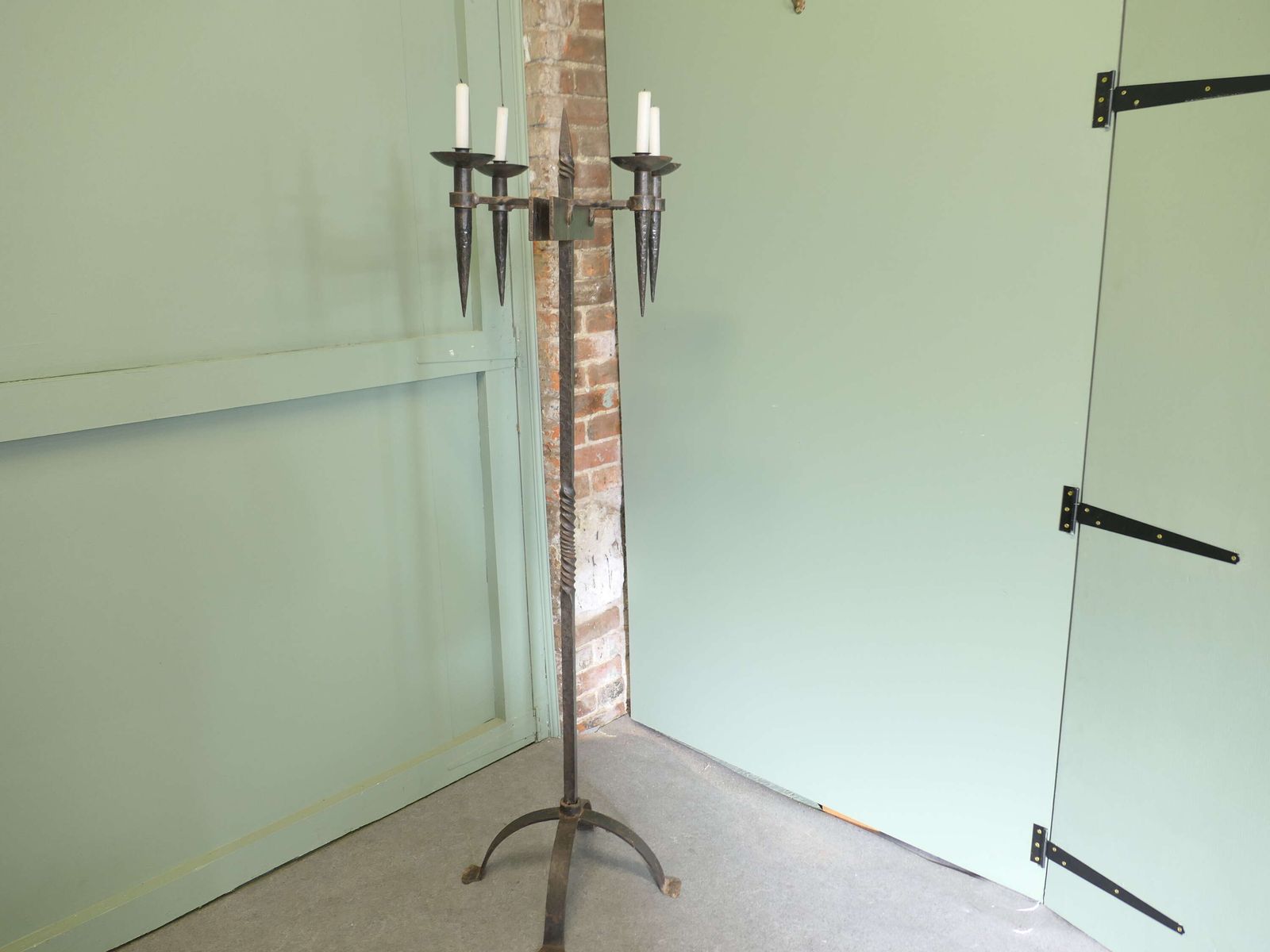 A Large Iron Candle Stick Or Torchère This Is A Tall Torchere, It Takes 4 Candles And Wil photo for sale