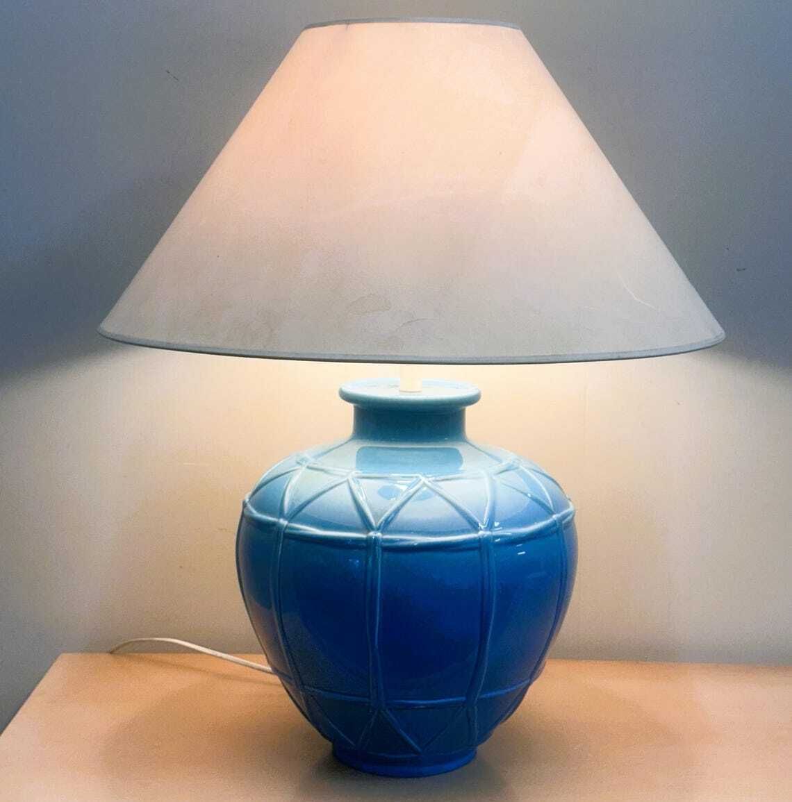 Louis Drimmer Franse Keramische Lamp – Blauw Geglazuurde Voet, Jaren 1980. Frankrijk