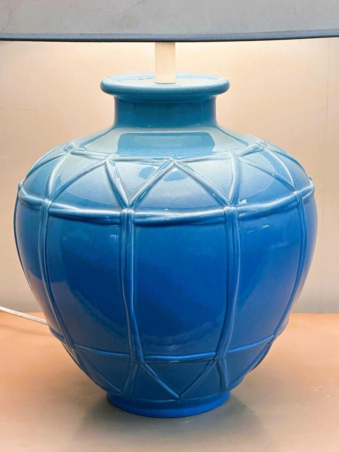 Louis Drimmer French Ceramic Lamp – Blue Glazed Base, 1980s. France photo vinterior