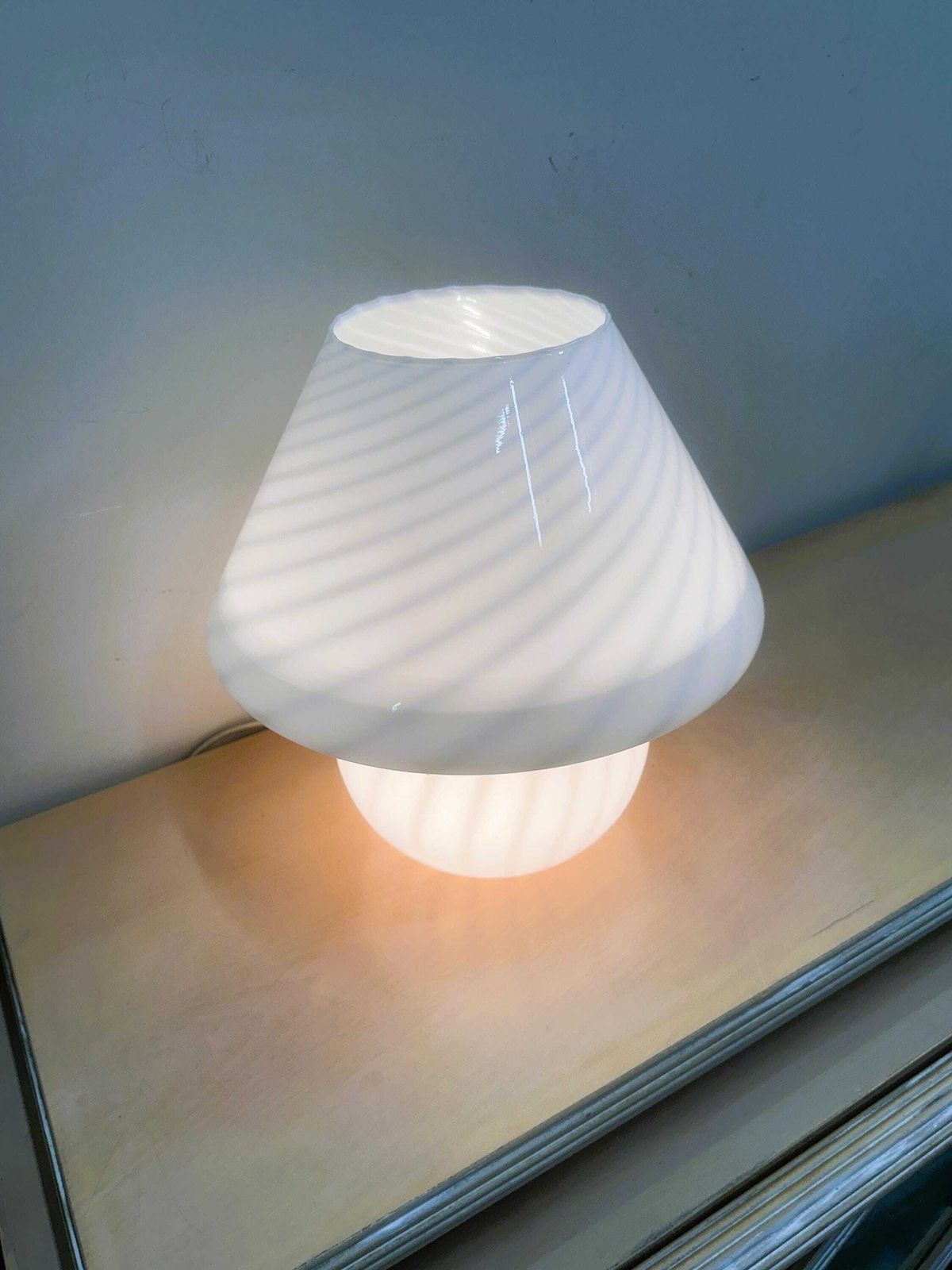 Lighting Vintage White Swirl Glass Mushroom Lamp – Italian Style Opaline Table Lamp. 1970s. Italy photo