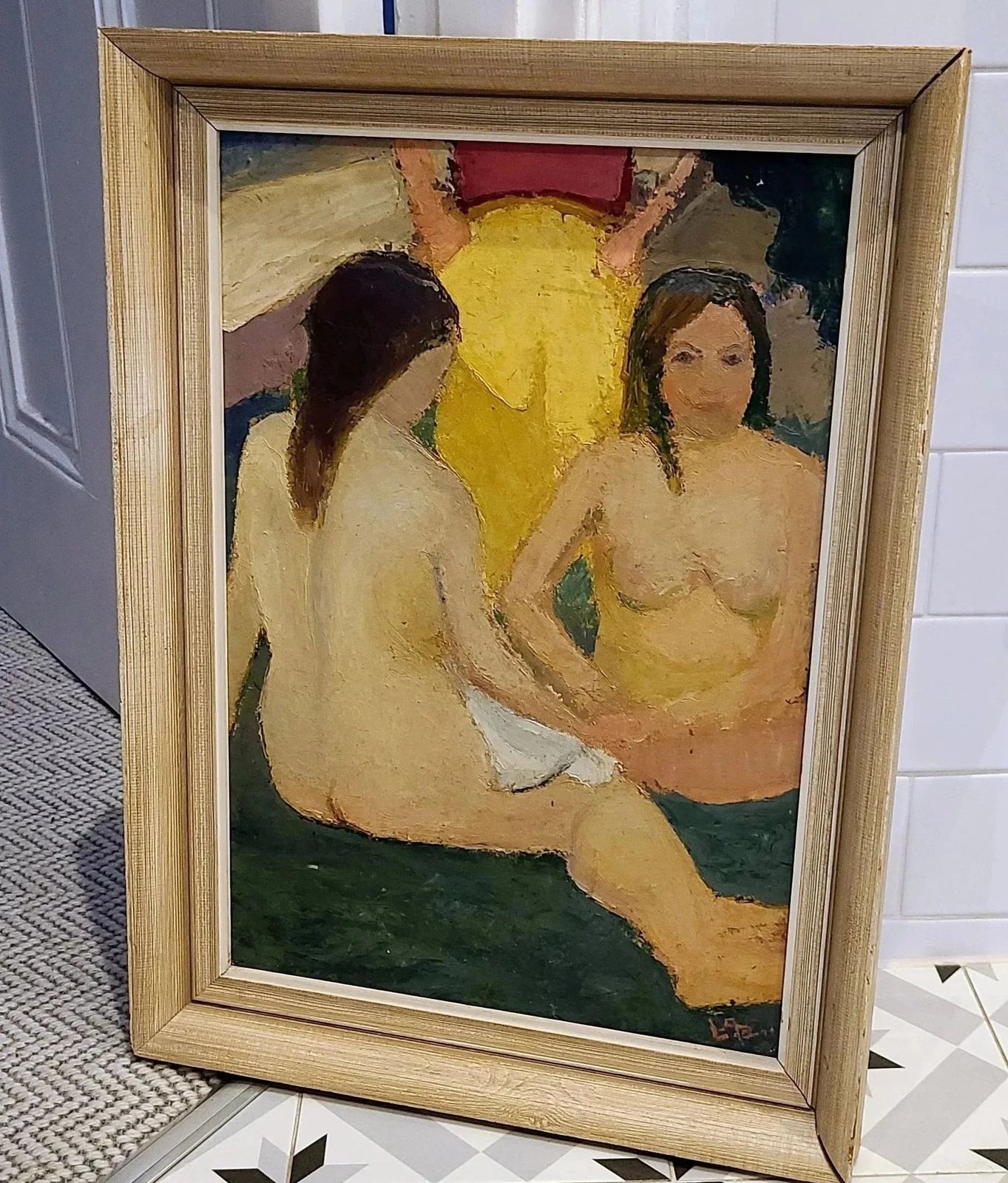 Original Vintage Framed Swedish  Mid Century Portrait= Seated Nudes 1945 photo for sale