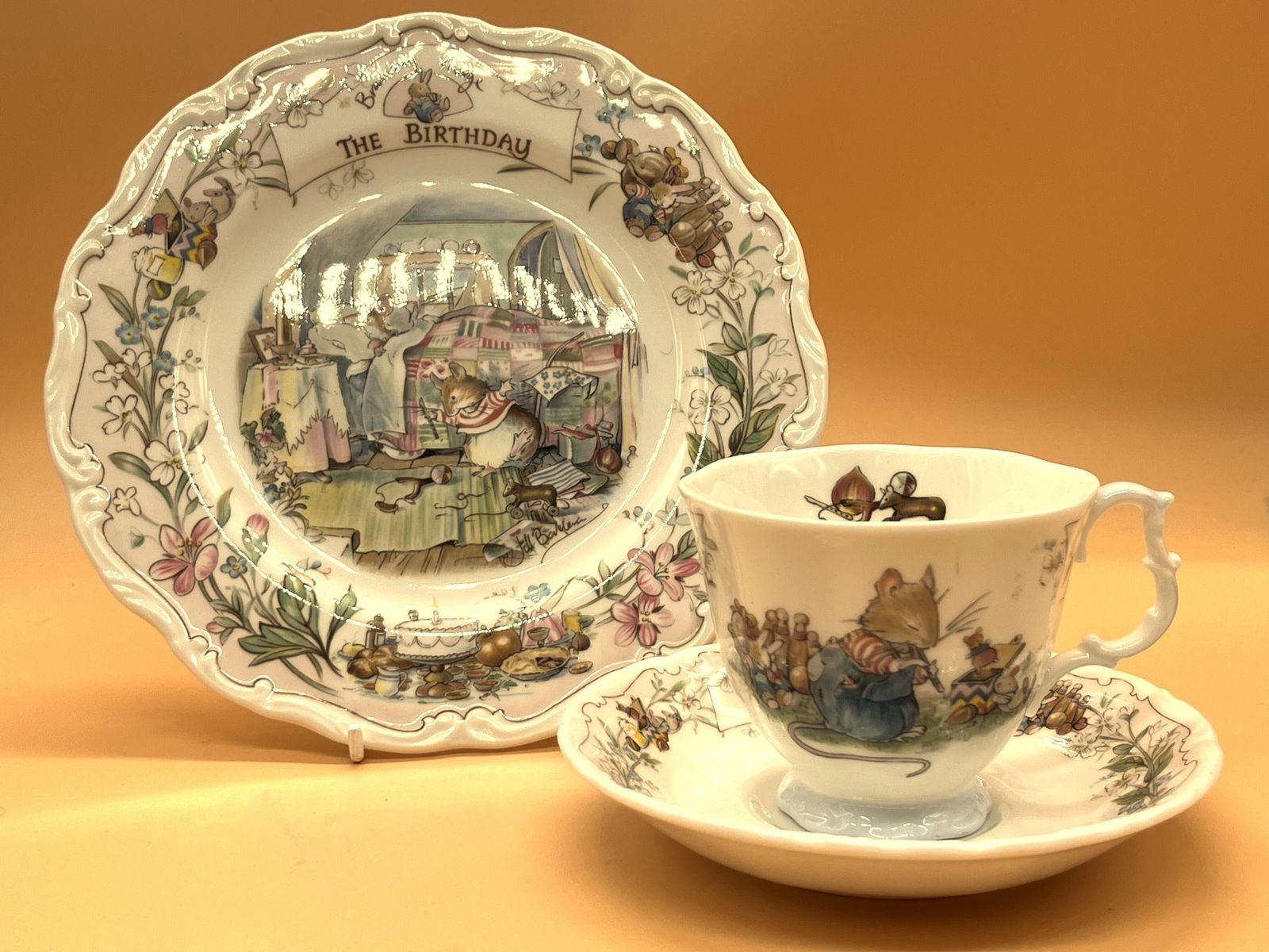 Royal Doulton China Jill Barklem Brambly Hedge The Birthday Full Size Tea Cup, Saucer & Plate Trio. photo for sale