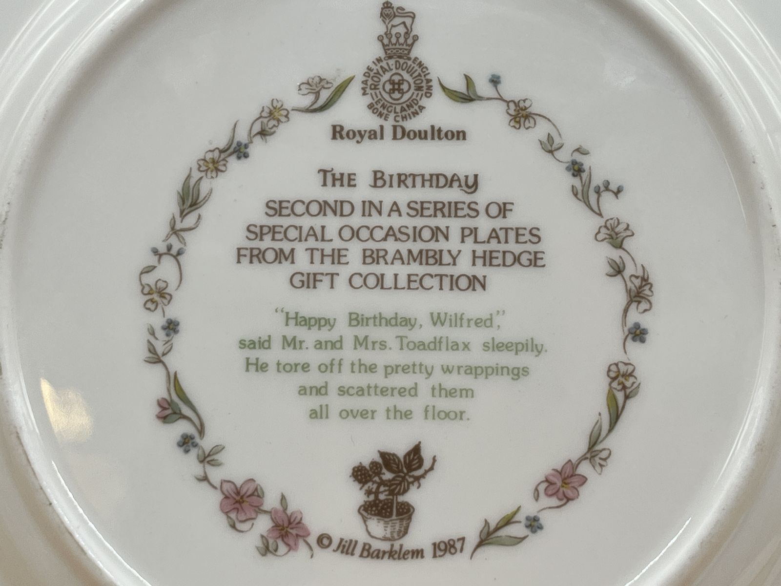 photo vinterior Royal Doulton China Jill Barklem Brambly Hedge The Birthday Full Size Tea Cup, Saucer & Plate Trio.