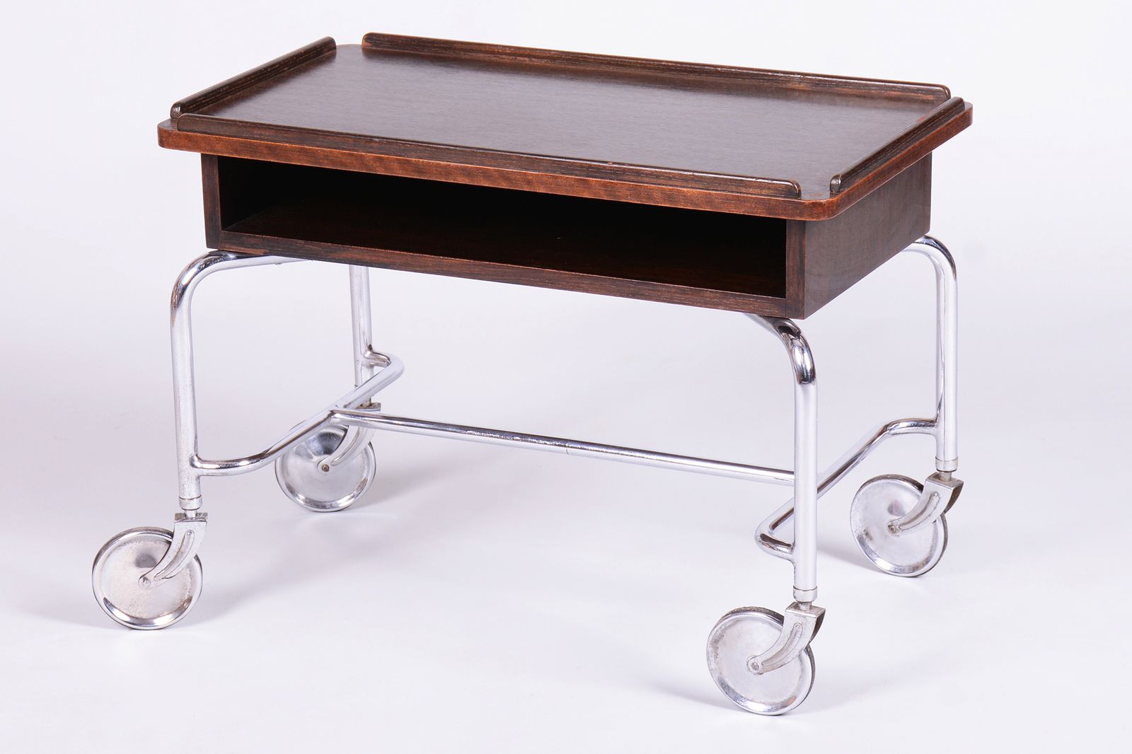 Restored Bauhaus Serving Trolley, By R.Slezák, Oak, Chrome, Czech, 1930s