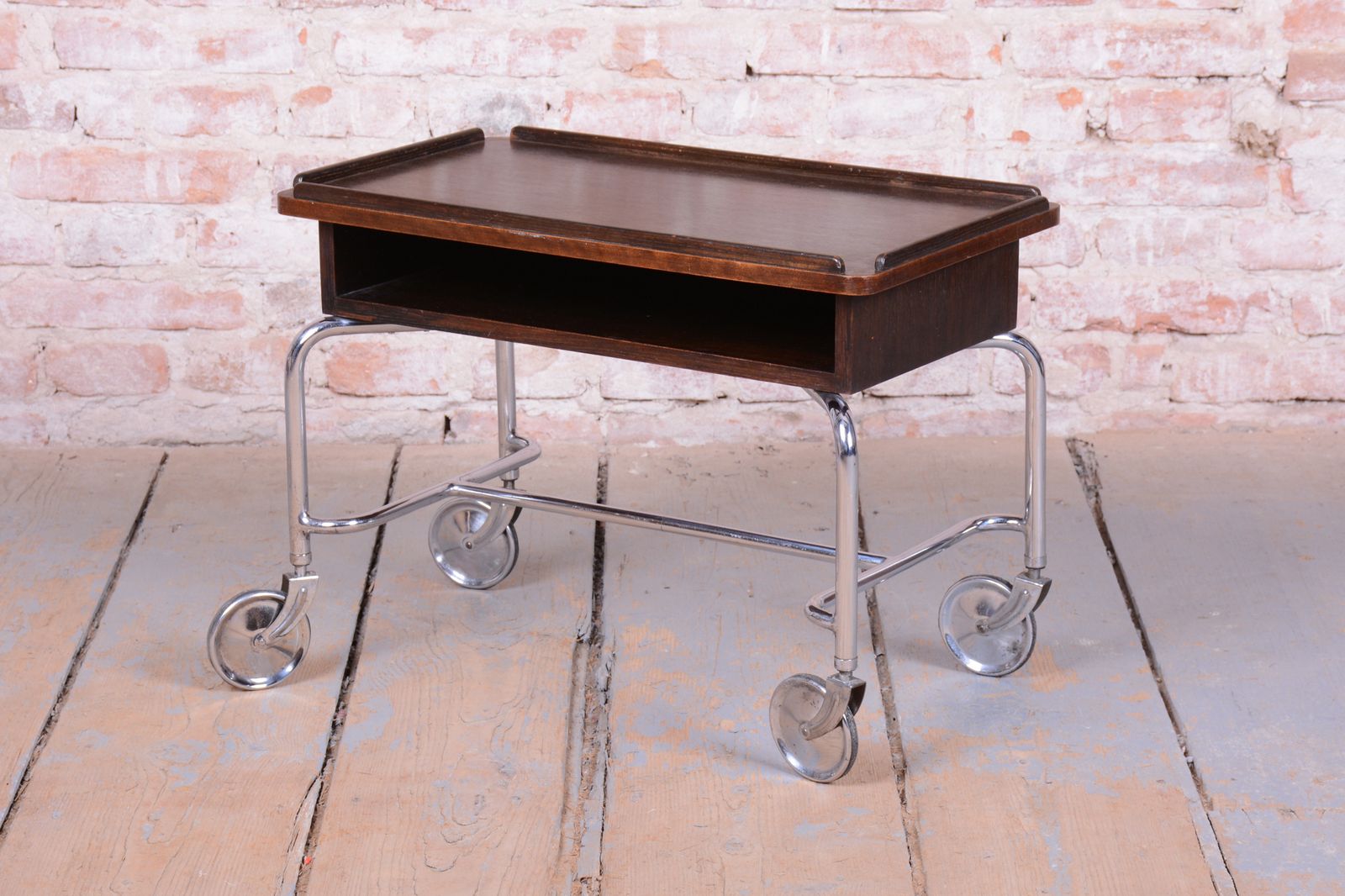 Restored Bauhaus Serving Trolley, By R.Slezák, Oak, Chrome, Czech, 1930s photo Furniture