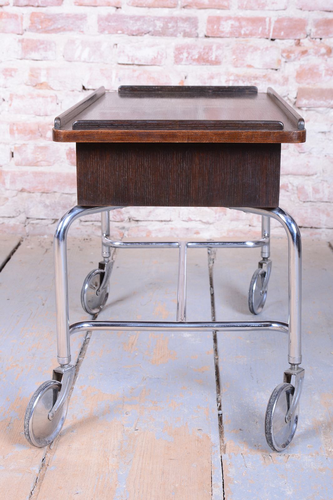 Restored Bauhaus Serving Trolley, By R.Slezák, Oak, Chrome, Czech, 1930s photo vinterior
