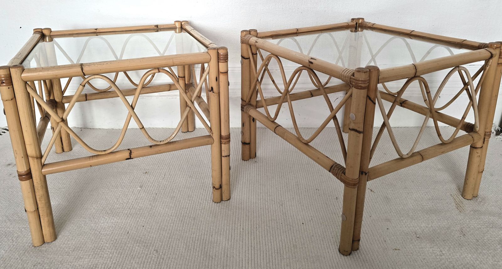 A Pair Of Vintage Bamboo & Glass Bedside Tables. photo vintage