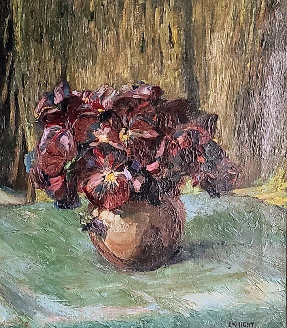 Vintage Original British Impressionist Floral Oil Painting  Purple Pansies photo for sale