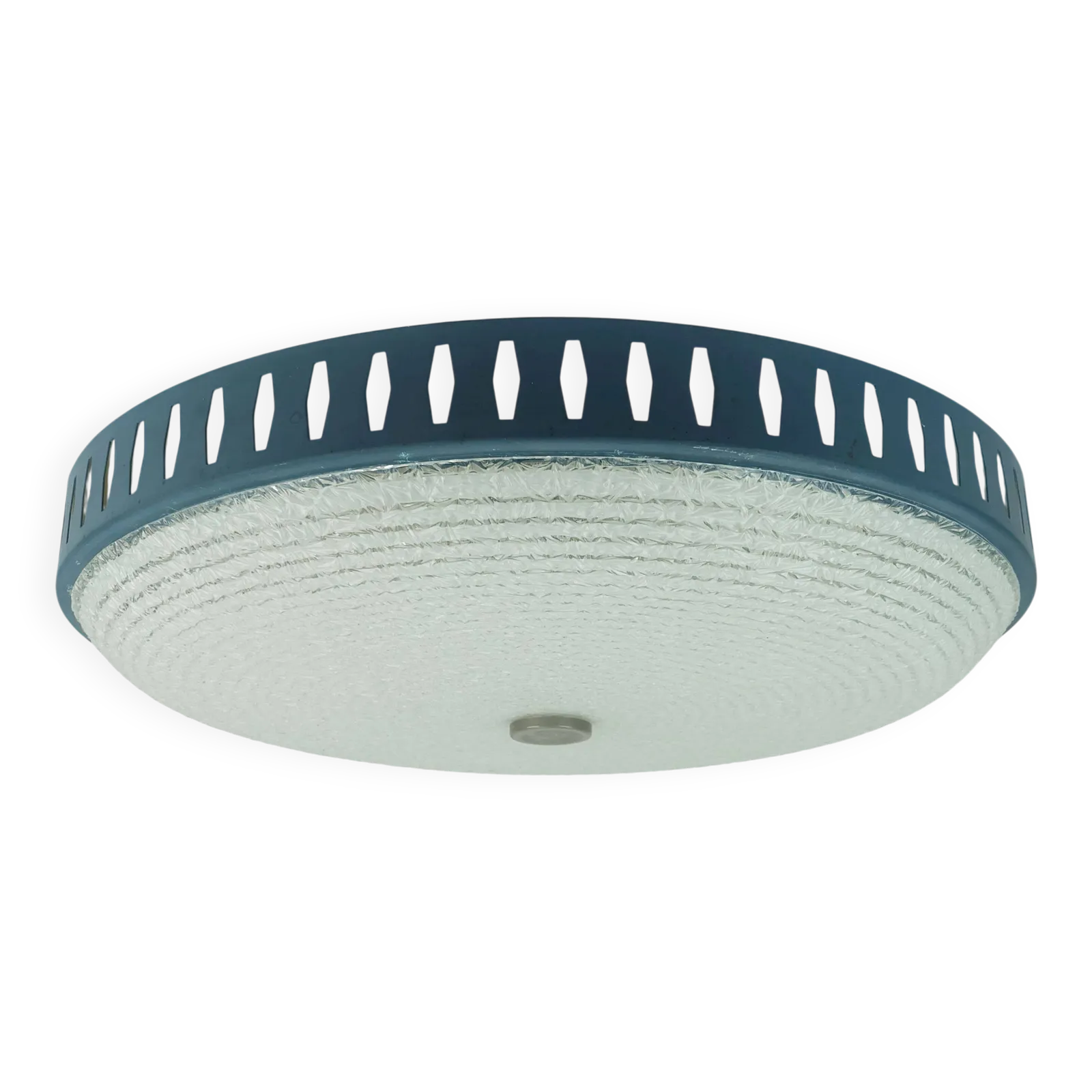 Rare And Large Hillebrand Ceiling Light From The 1960s, In Textured Glass And Blue Metal Frame.