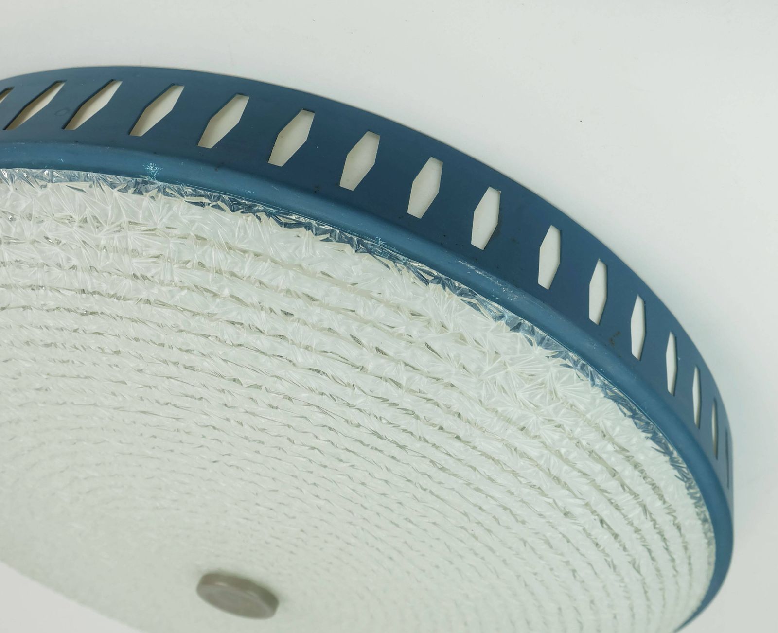 Lighting Rare And Large Hillebrand Ceiling Light From The 1960s, In Textured Glass And Blue Metal Frame. photo