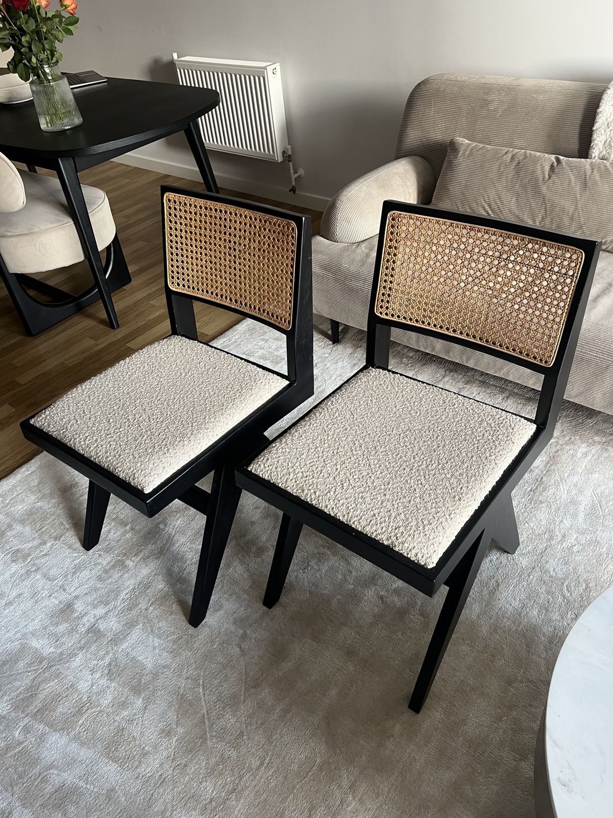 Six The Residence Pair 2 X Cane Teak Upholstered Boucle Dining Chairs Black
