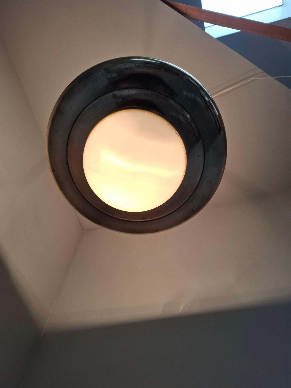 1920 Czechoslovak Art Deco Brass And Opaline Glass Pendant Lamp, Napako 13443 photo 1642.0