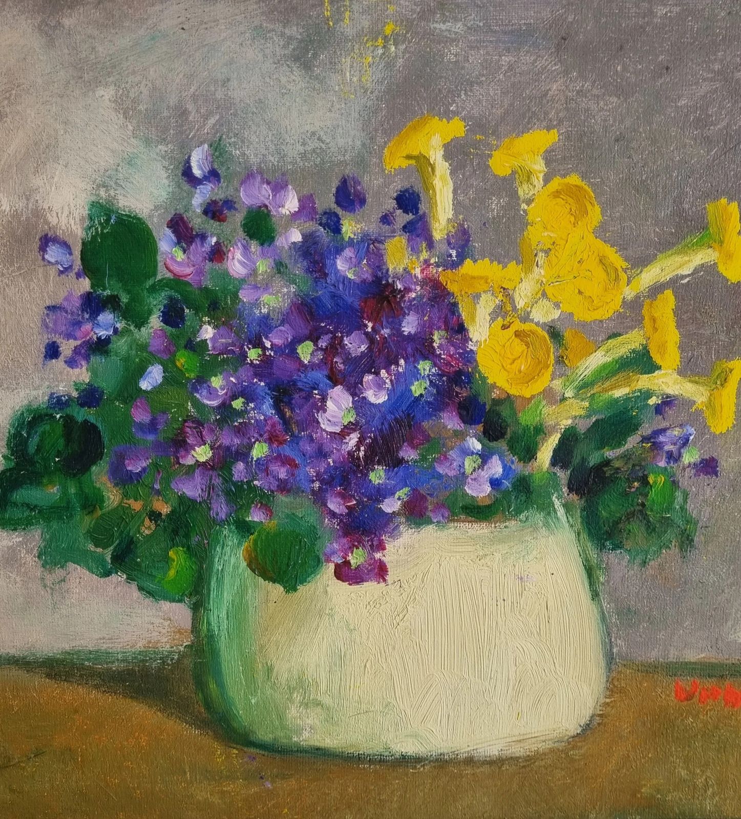 Original Framed Vintage Mid Century Swedish Still Life Potted Violets