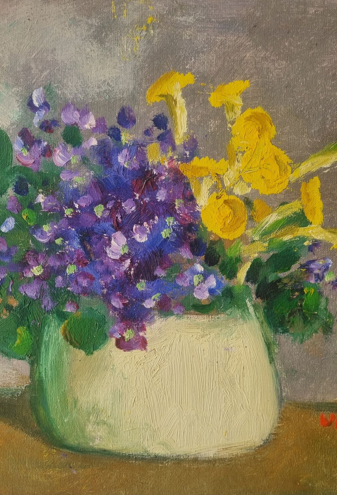 Original Framed Vintage Mid Century Swedish Still Life Potted Violets photo Art