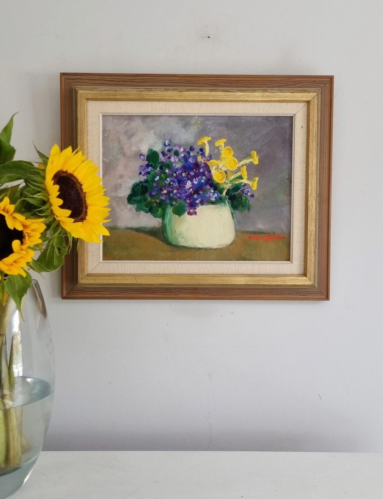Original Framed Vintage Mid Century Swedish Still Life Potted Violets photo vinterior