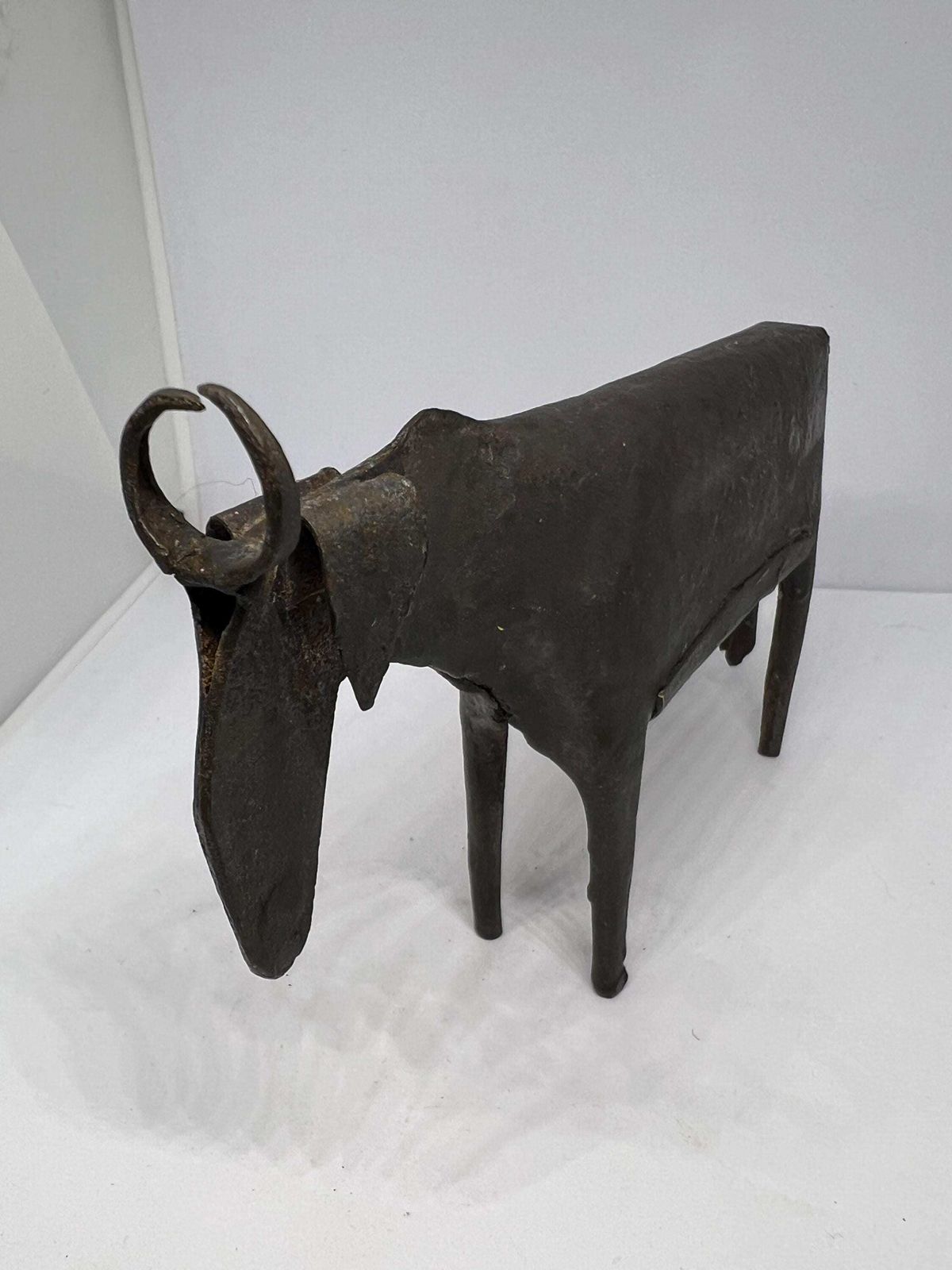 Brutalist Metal Cow Sculpture. Hand Forged Minimalist Bovine Figure. Iron Abstract Folk Art Figurine. Quirky Horned Metal Heifer. Mcm Decor. photo furniture