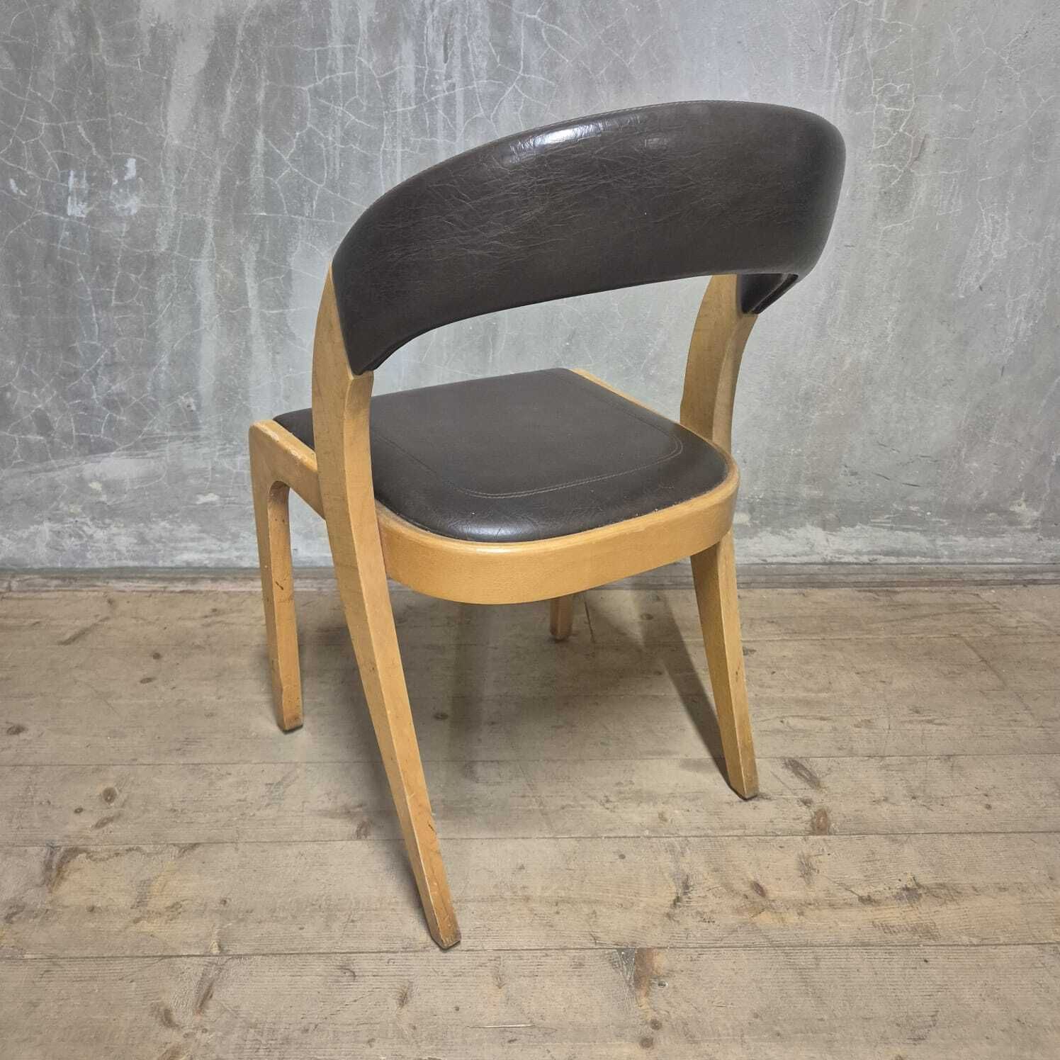 Vintage Curved Back Dining Chair, Wood & Leatherette, Czechoslovakia, 1970s photo for sale
