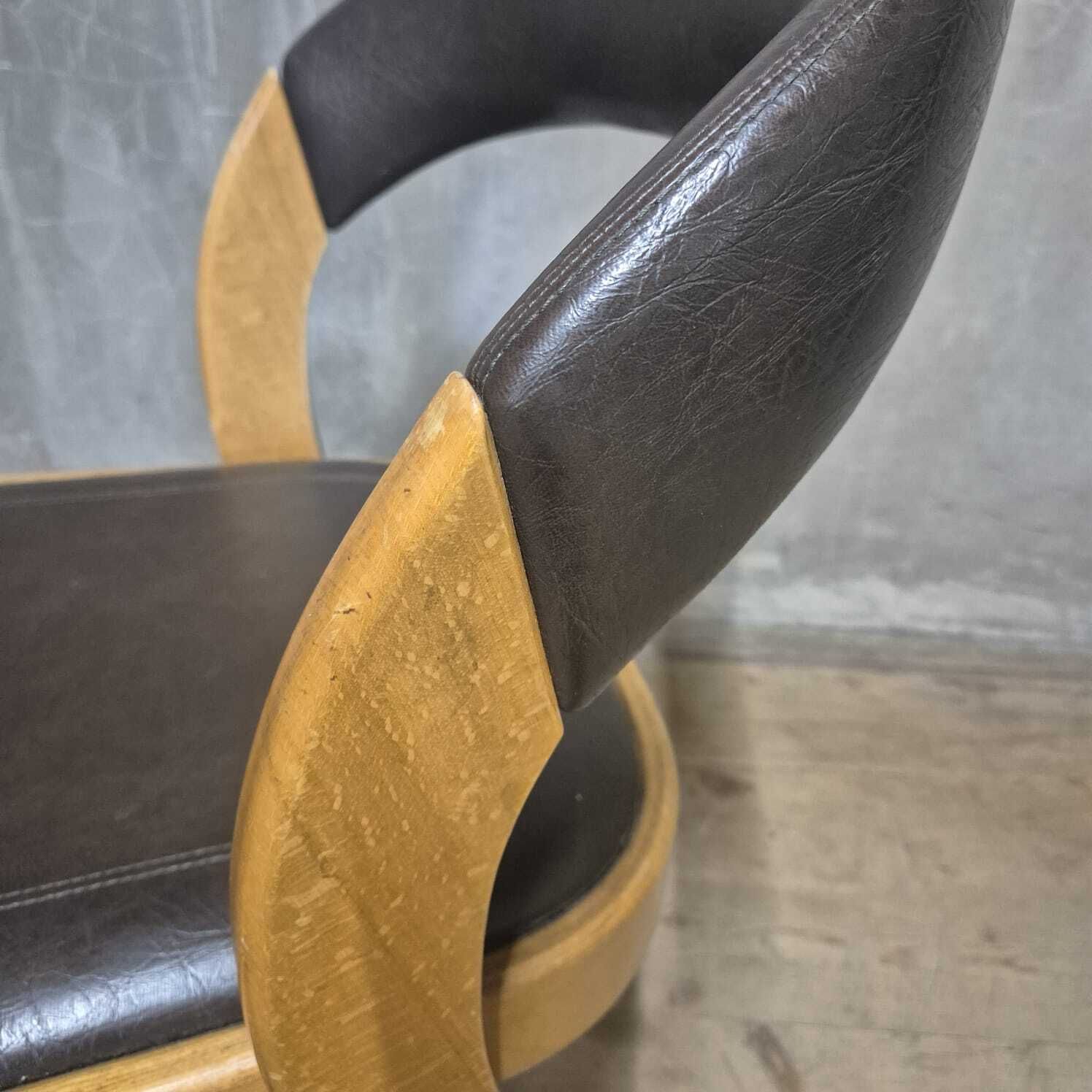 Vintage Curved Back Dining Chair, Wood & Leatherette, Czechoslovakia, 1970s photo 278.0