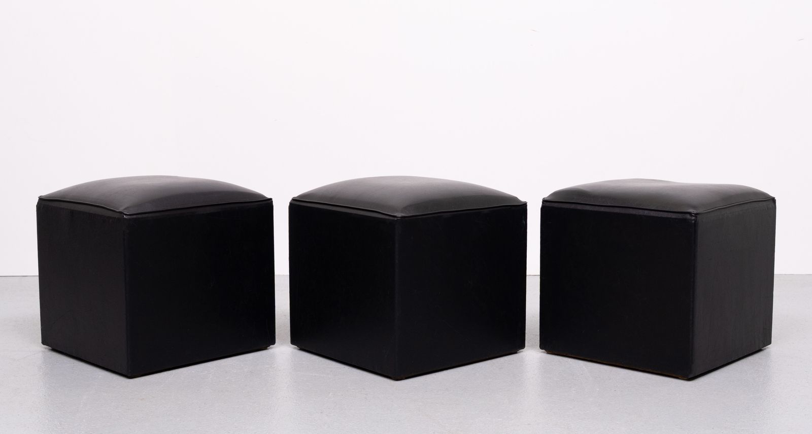 Set Of 3 Black Faux Leather Cube Ottomans 1960s Holland