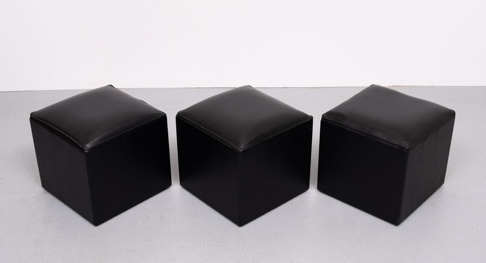 Set Of 3 Black Faux Leather Cube Ottomans 1960s Holland photo Furniture