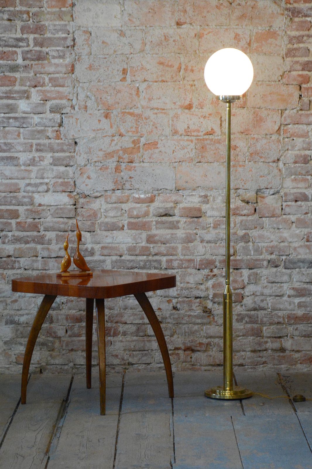 Restored Mid Century Floor Lamp, Brass, Opaline Glass, France, 1960s photo vintage