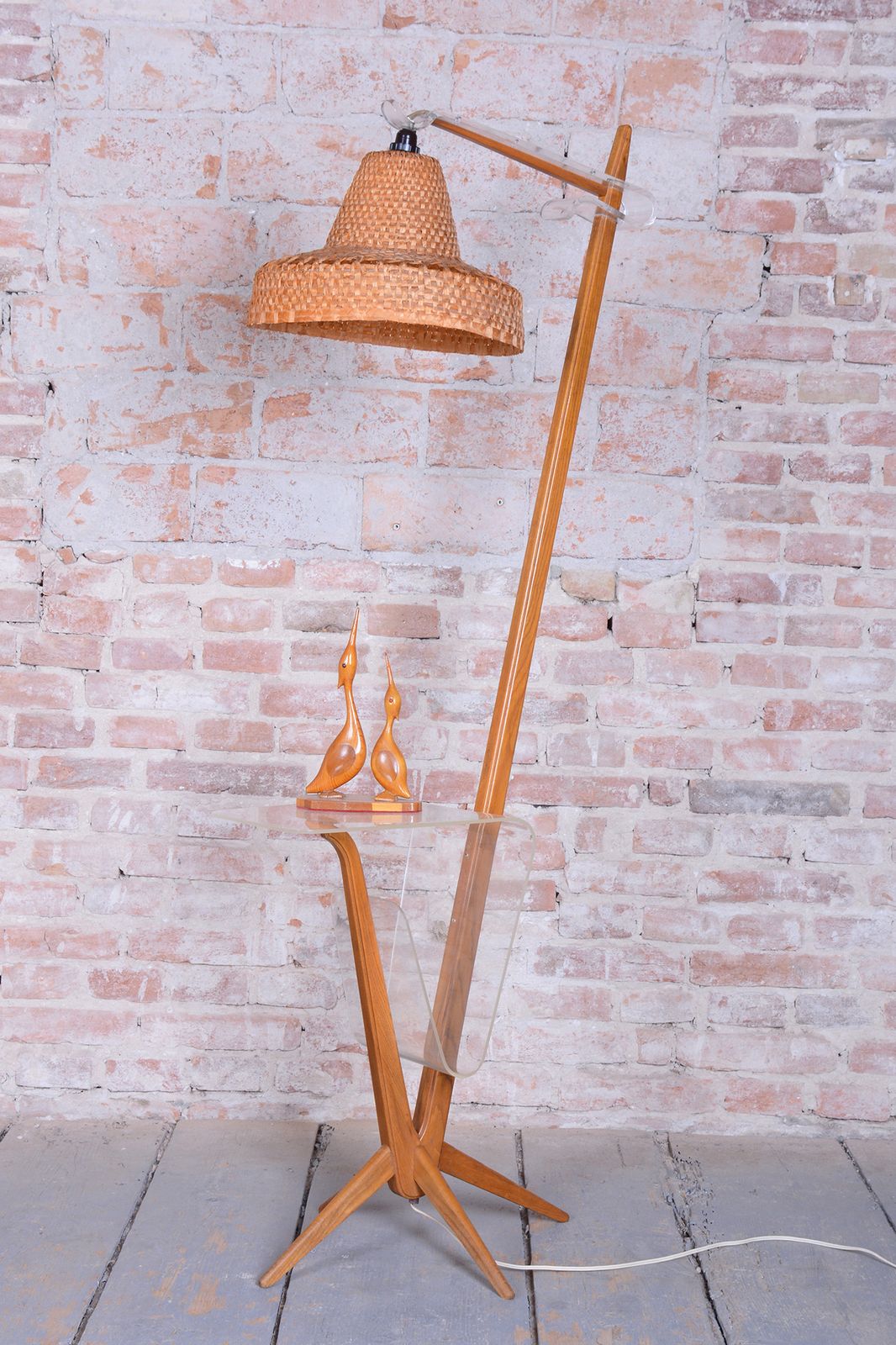 Restored Mid Century Floor Lamp, By Krásná Jizba, Beech, Rattan, Czech, 1950s photo furniture