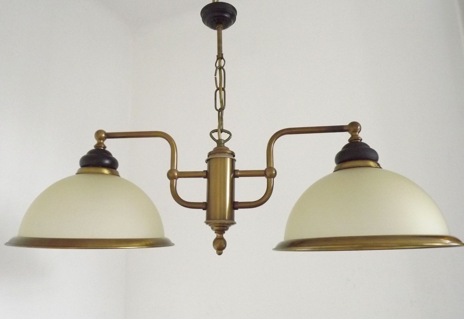French Mid Century Bronze Effect And Black Metal Double Billiard Light With Cream Glass Shades photo for sale