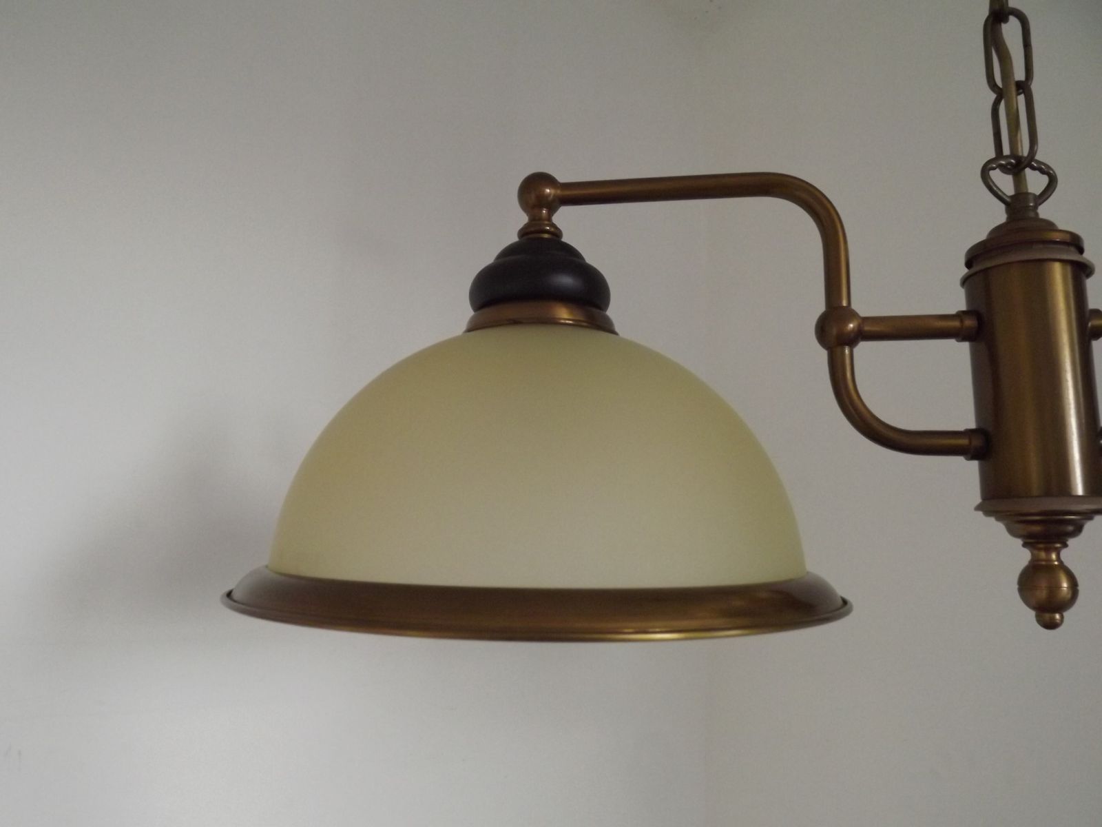 photo vintage French Mid Century Bronze Effect And Black Metal Double Billiard Light With Cream Glass Shades