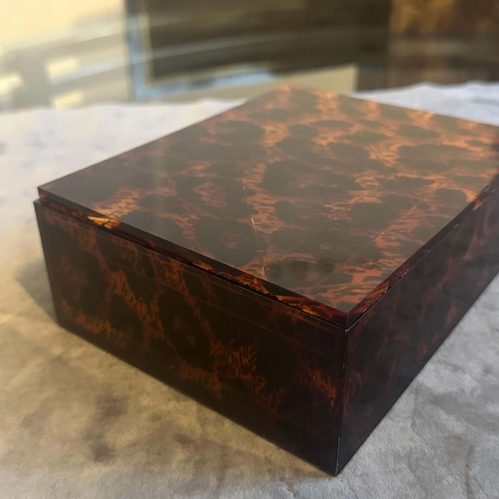 1980s Mid Century Modern Faux Leopard Lucite Luxury Box Signed Dior Home photo vinterior