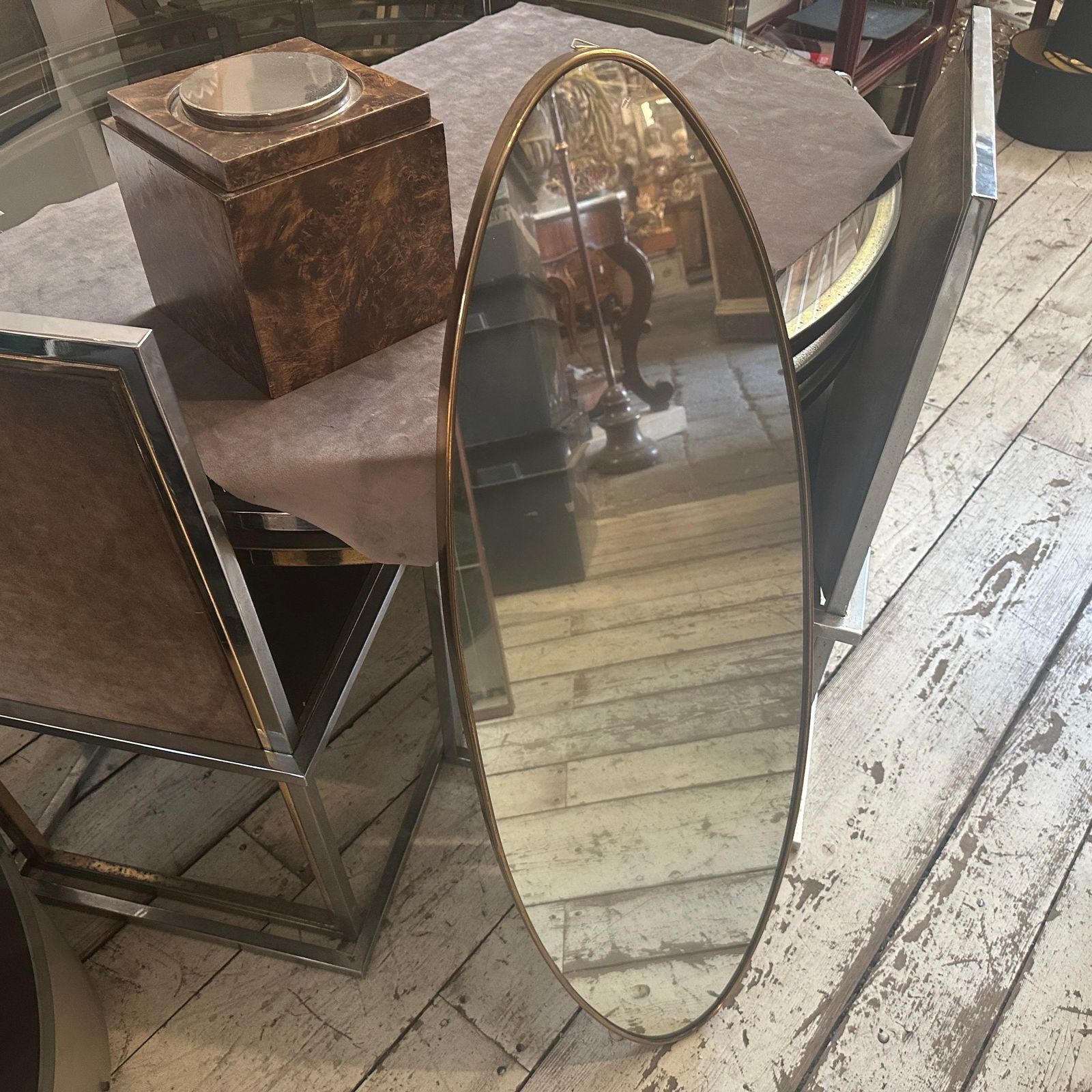 1950s Gio Ponti Style Mid Century Modern Brass Italian Long Oval Wall Mirror photo Home Decor
