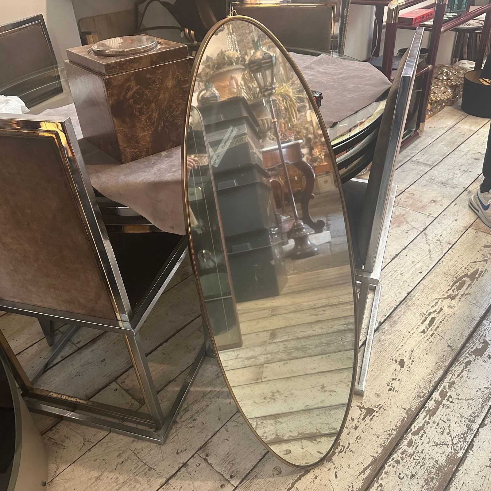 1950s Gio Ponti Style Mid Century Modern Brass Italian Long Oval Wall Mirror photo vintage