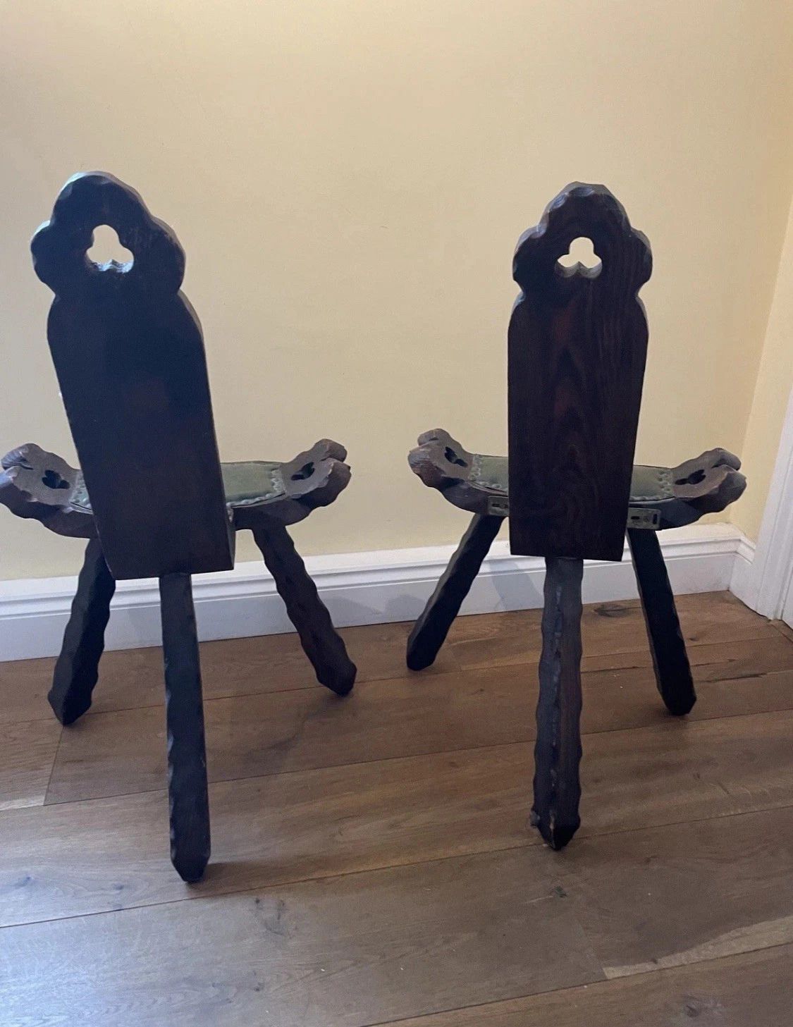 Pair Vintage Brutalist Carved Spanish Spinning Birthing Stool Chair Wood Leather photo furniture