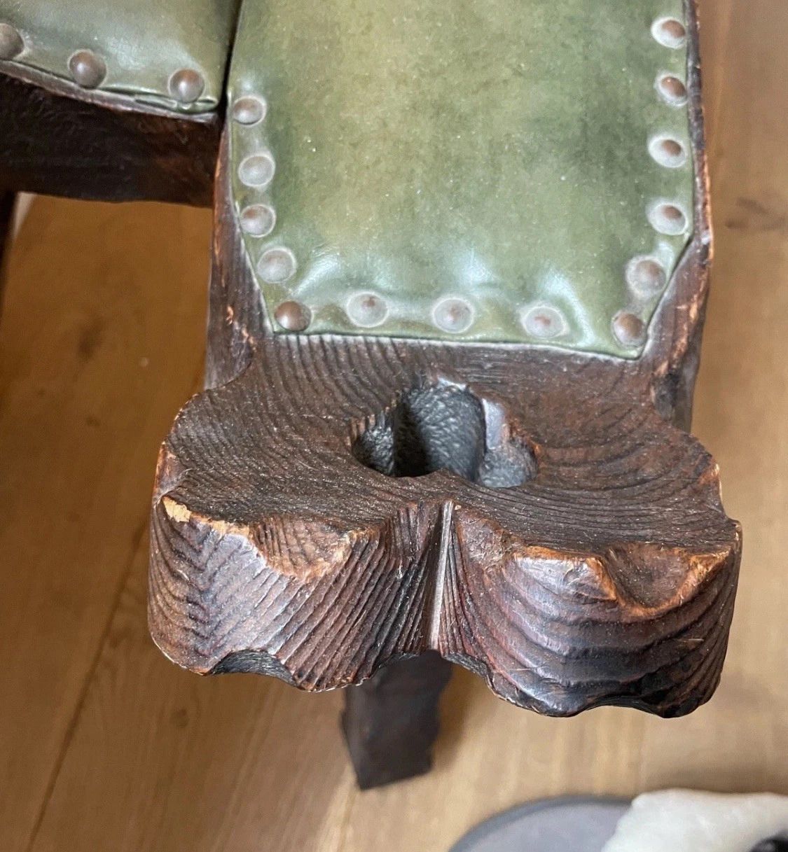 Pair Vintage Brutalist Carved Spanish Spinning Birthing Stool Chair Wood Leather photo Furniture