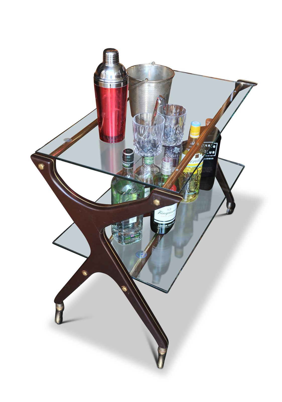 Bar Cart Mid Century Angelo Ostuni Design Mahogany & Brass Two Tier Glazed 1970's