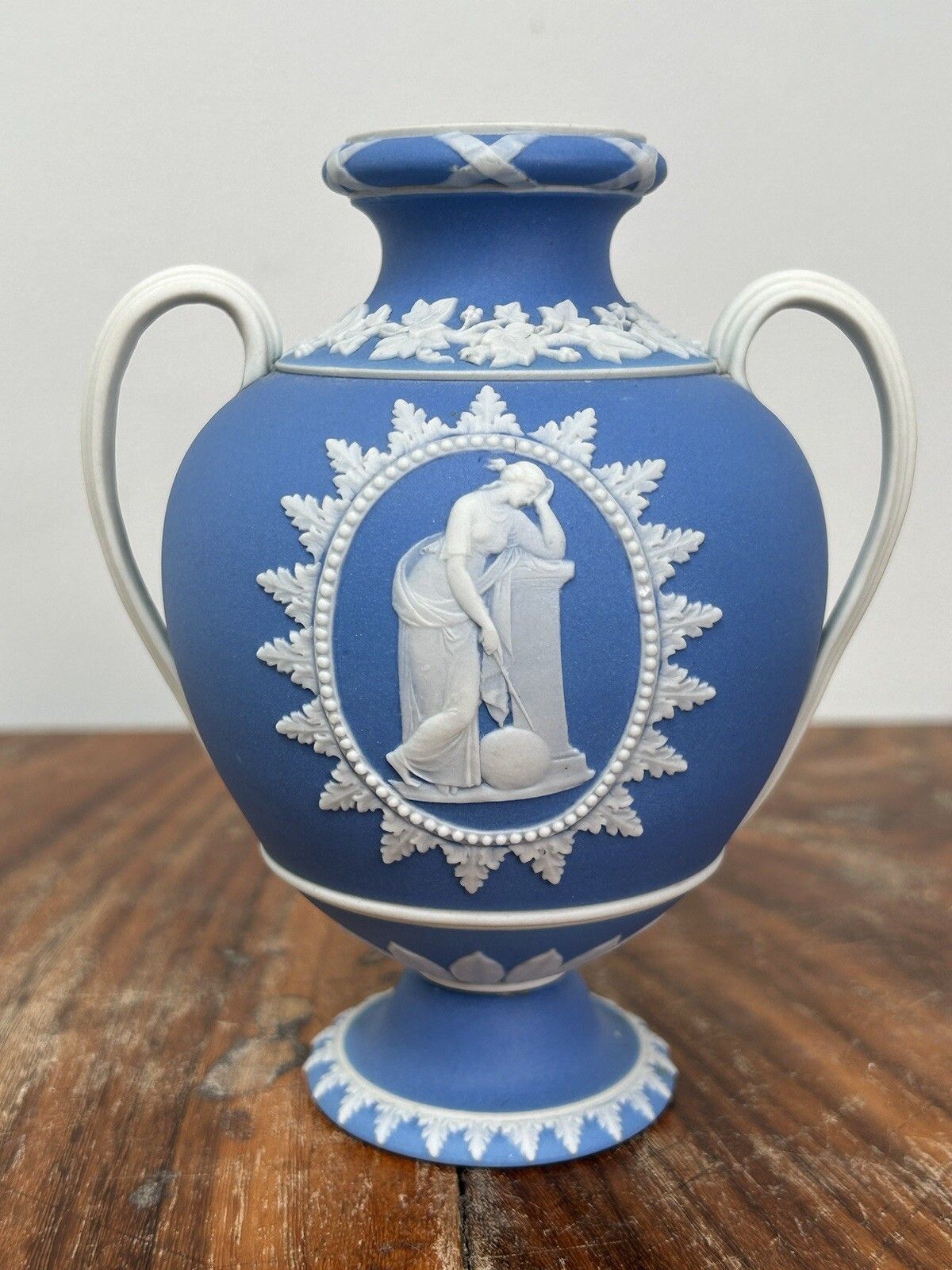 Wedgwood Light Blue Jasperware Twin Handle Bulbous Vase Rare 19thc 13.5cm photo for sale
