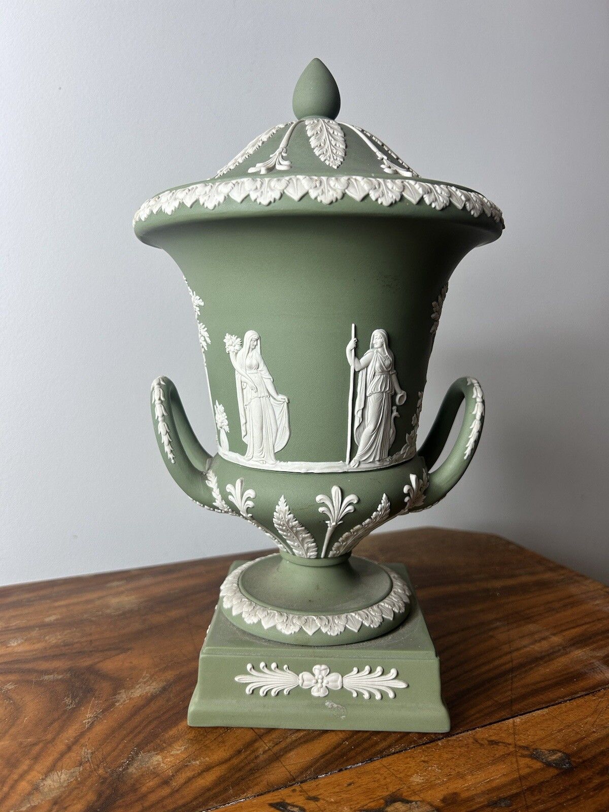 Vintage Wedgwood Celadon Green Jasperware Campana Pedestal Urn Vase 12"