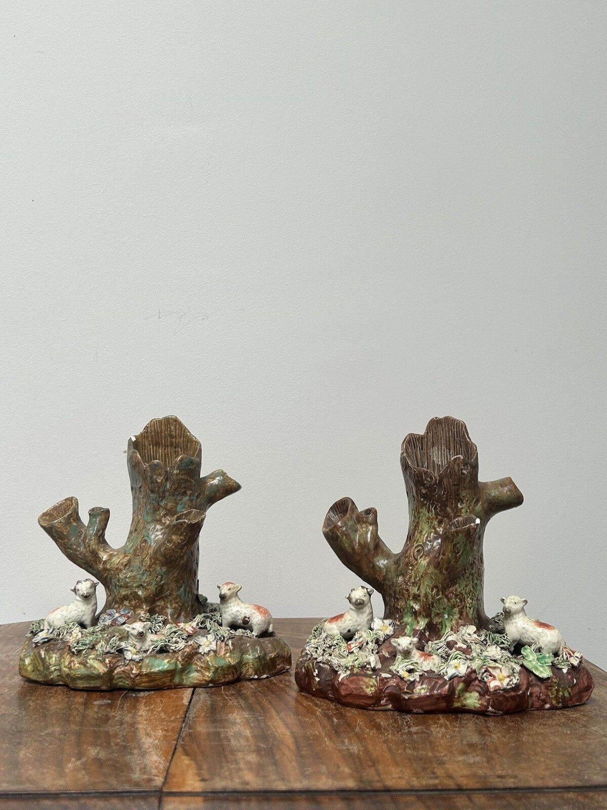 Antique Staffordshire Sheep Spill Vases Pair, Early 1800s, 4 Hole Design