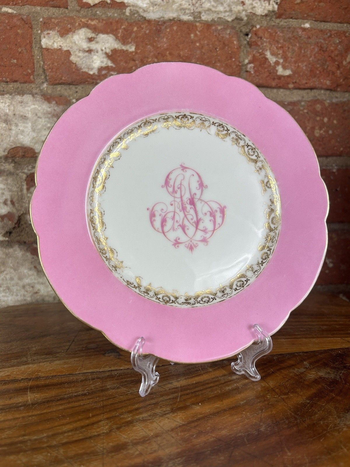 Antique Old Paris Armorial Porcelain Pink Plate Service, 11pc, French photo Home Decor