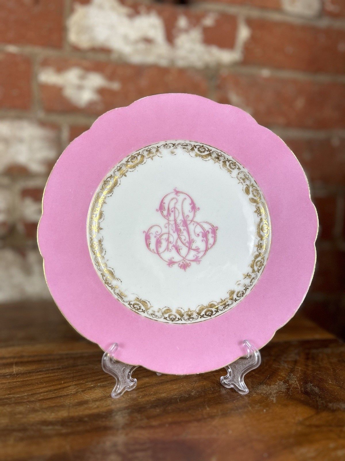 Antique Old Paris Armorial Porcelain Pink Plate Service, 11pc, French photo vintage