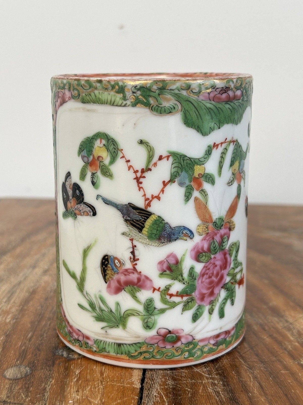 Antique Chinese Rose Medallion Cylindrical Vase Pot Hand Painted C.1850s photo for sale