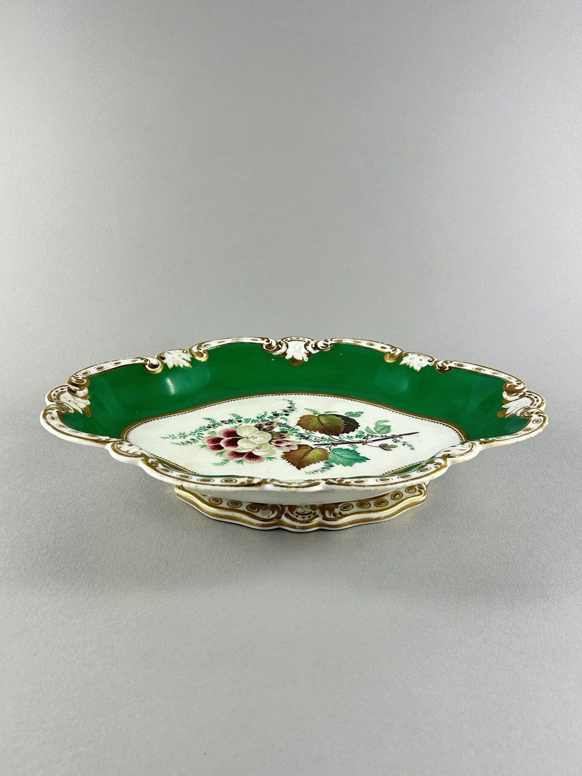 Antique English Porcelain Green & Gilt Pierced Oval Centerpiece 30cm photo furniture
