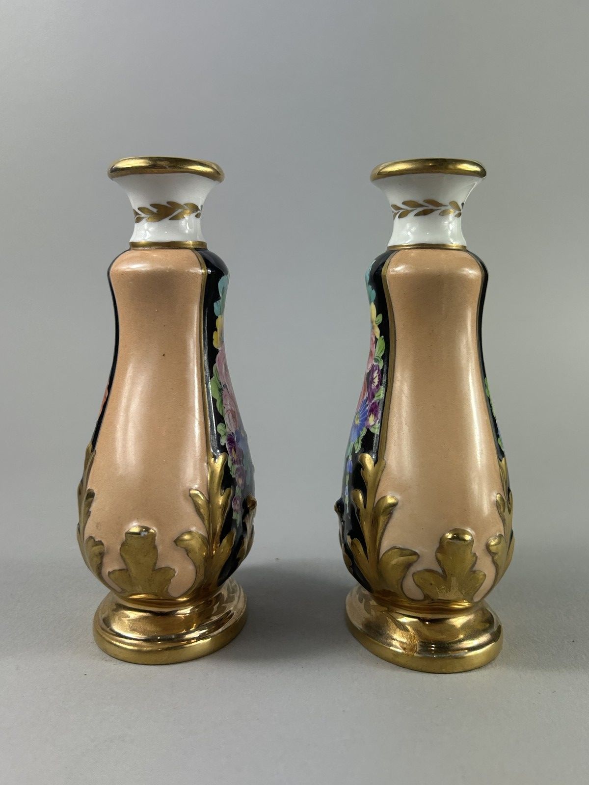 Antique Hand Painted Floral Porcelain Bud Vases Pair 14cm photo 139.0
