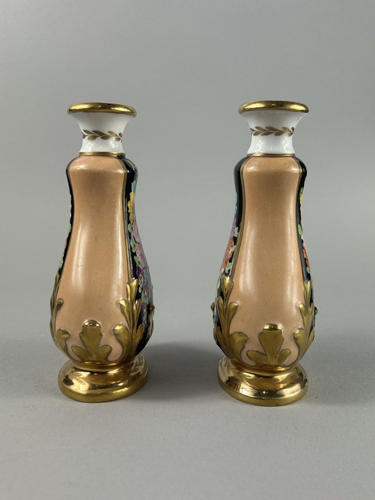 Antique Hand Painted Floral Porcelain Bud Vases Pair 14cm photo buy