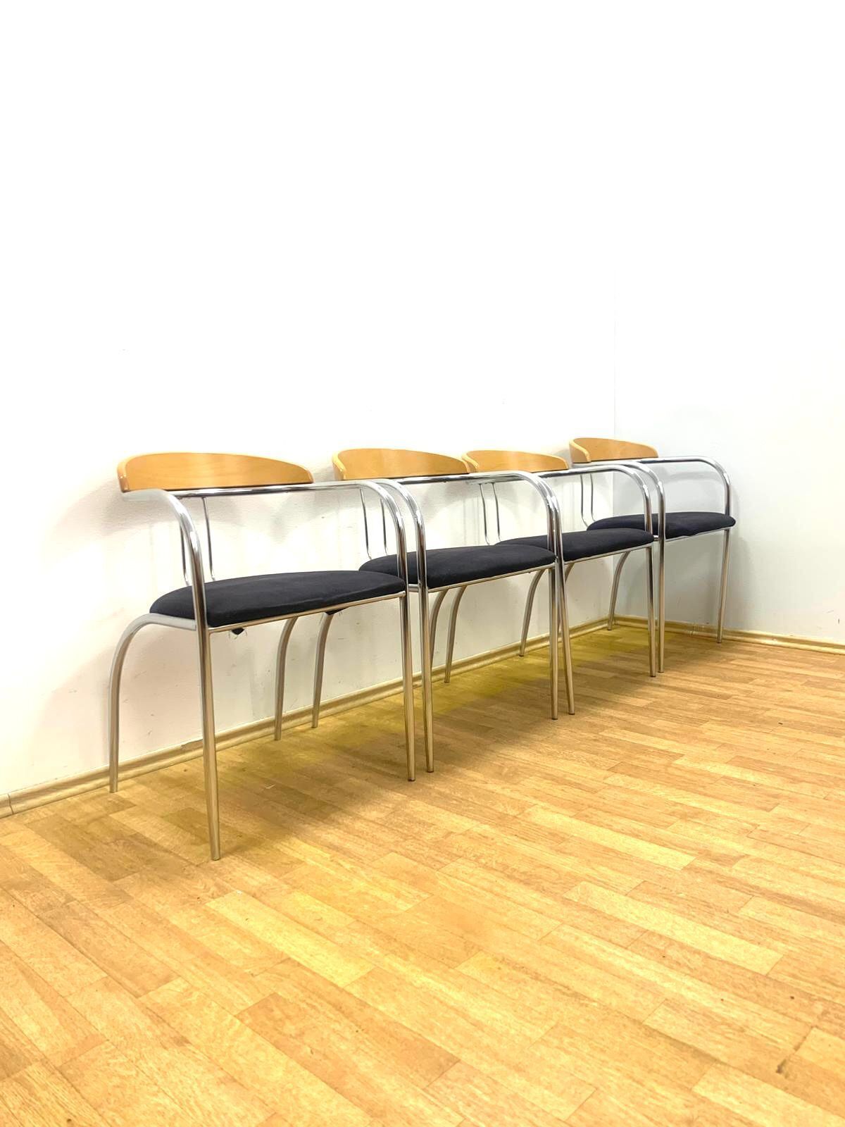 Set Of 4 Chrome And Wood Chairs, Italy, 1980s photo 800.0