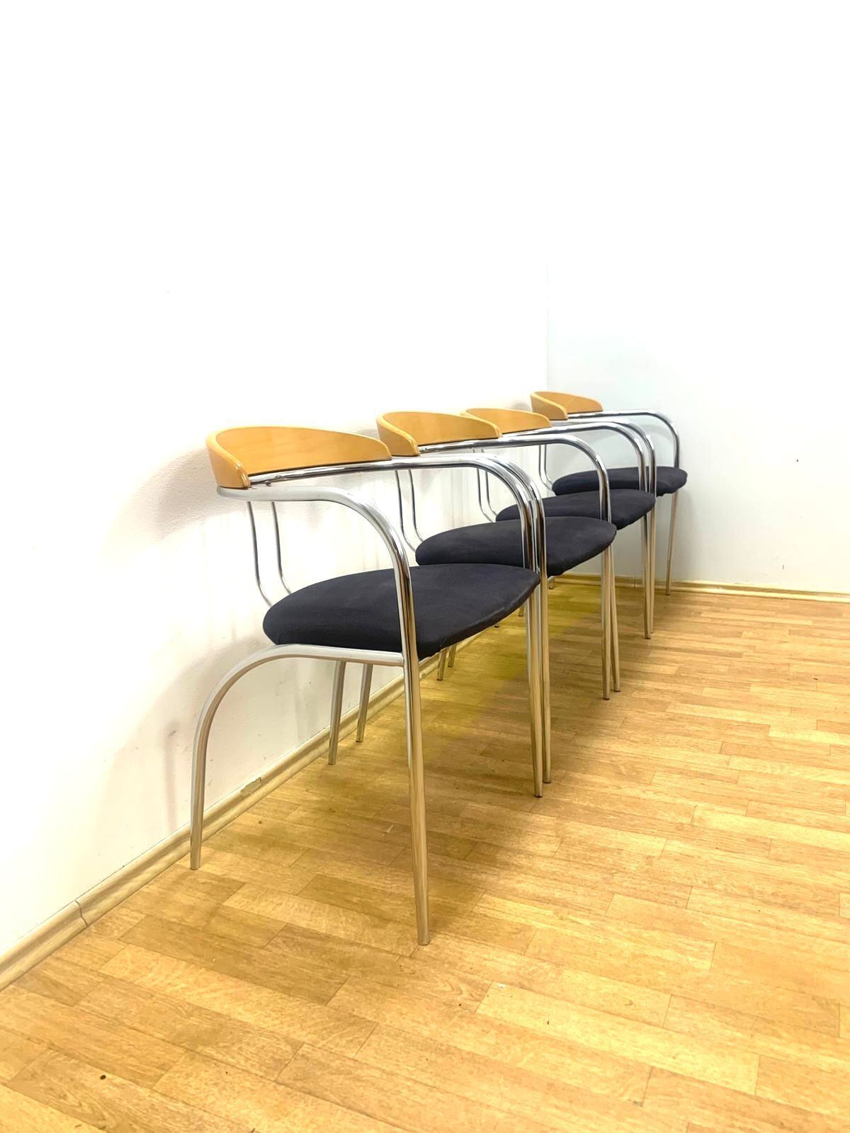 Set Of 4 Chrome And Wood Chairs, Italy, 1980s photo vinterior