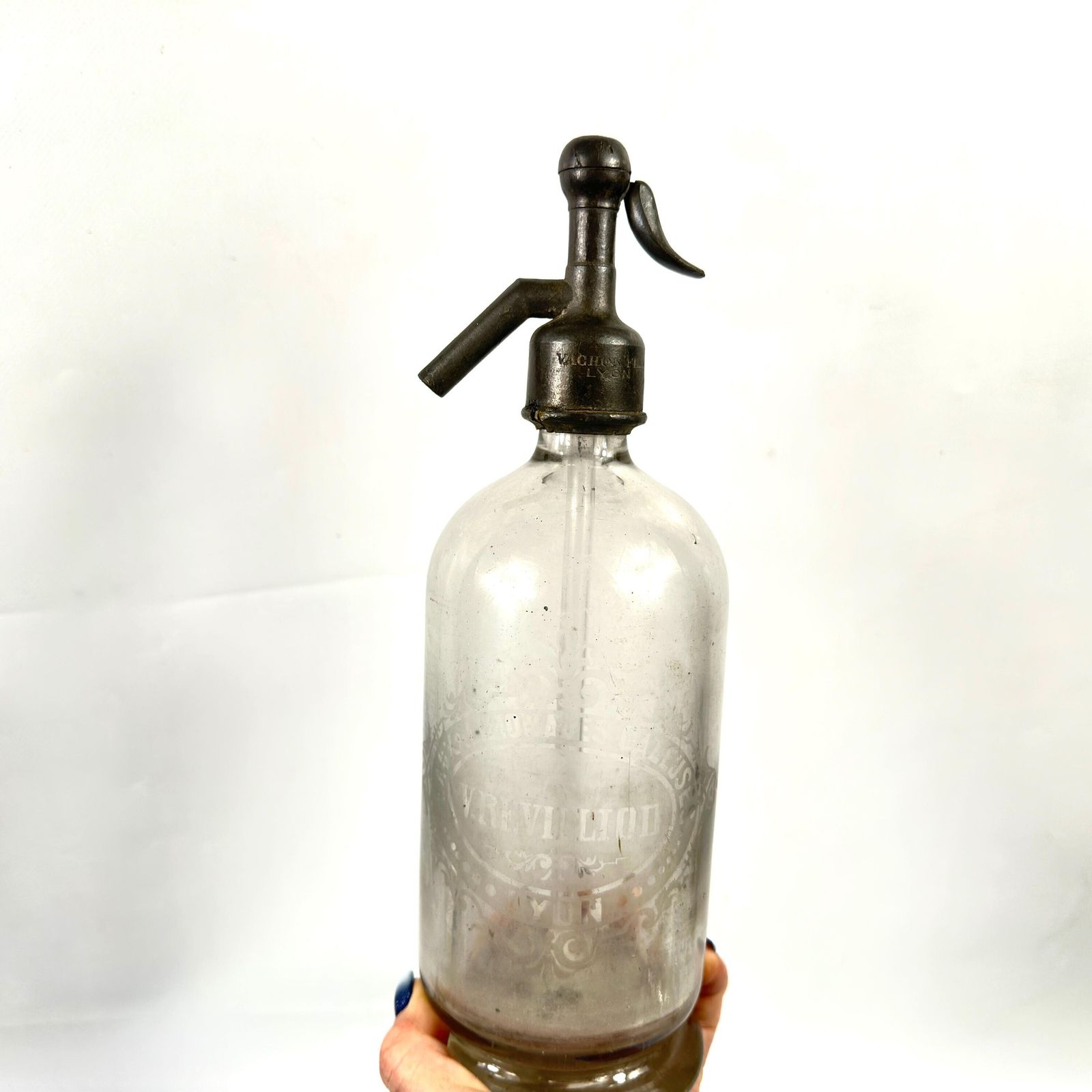 Vintage French Soda Syphon – Etched Glass Siphon Bottle, Lyon, Early 1900s Barware photo vintage